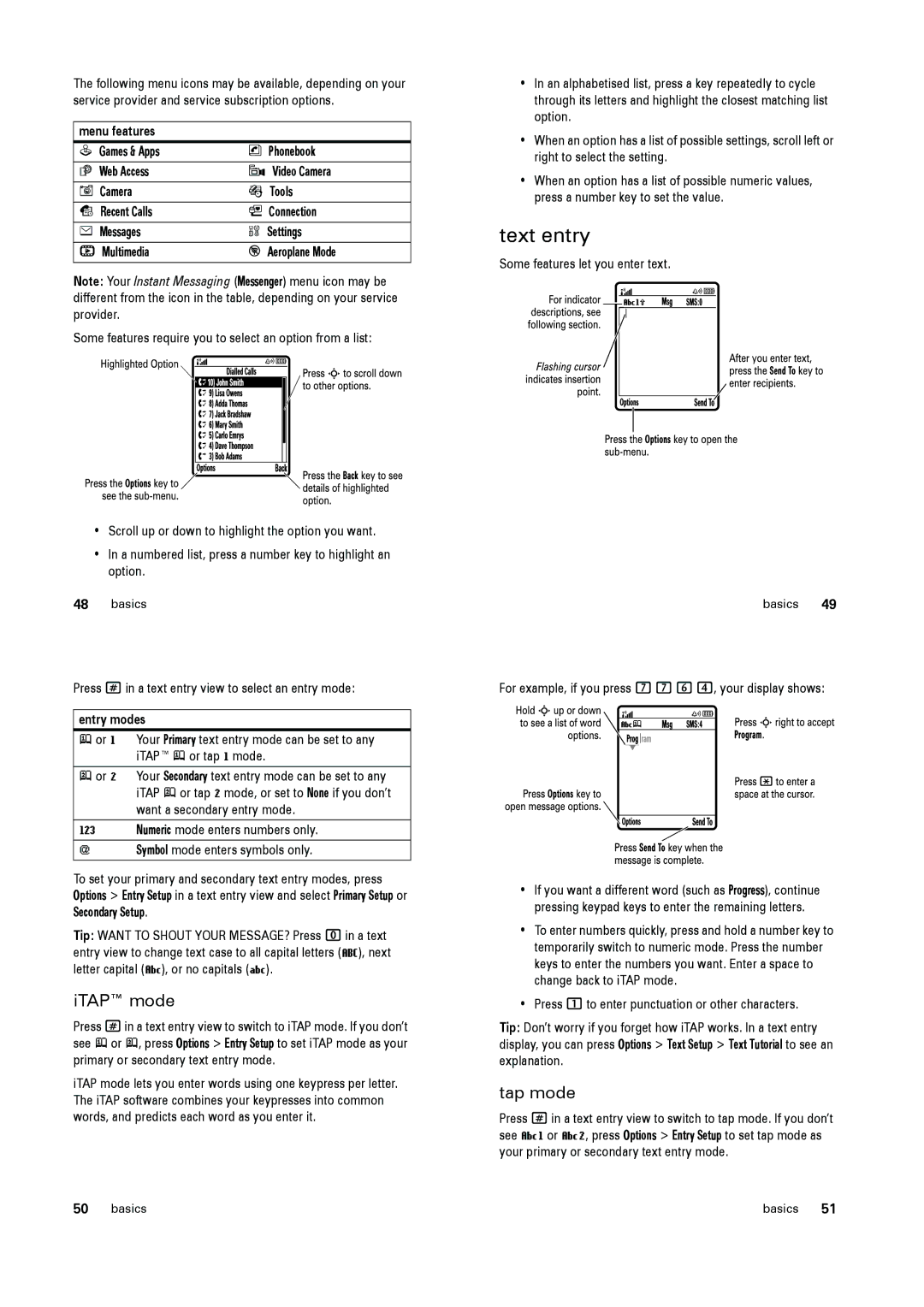 Motorola V3x specifications Text entry, ITAP mode, Tap mode, Menu features, Entry modes 