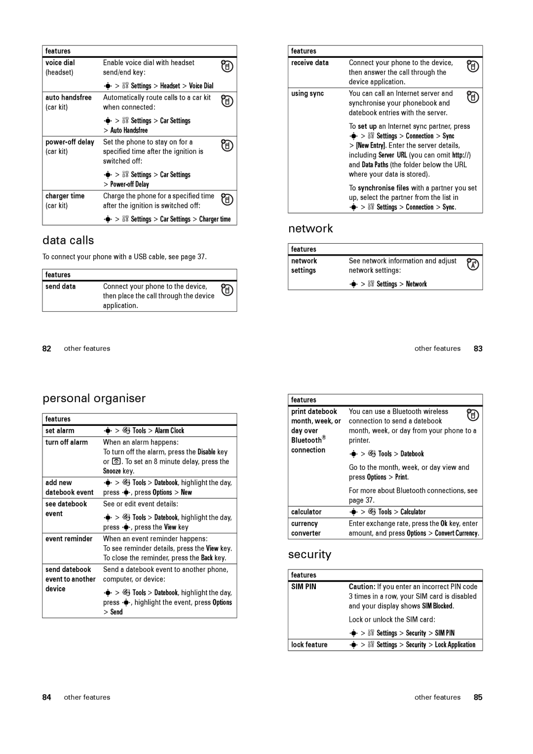 Motorola V3x specifications Data calls, Personal organiser, Network, Security 