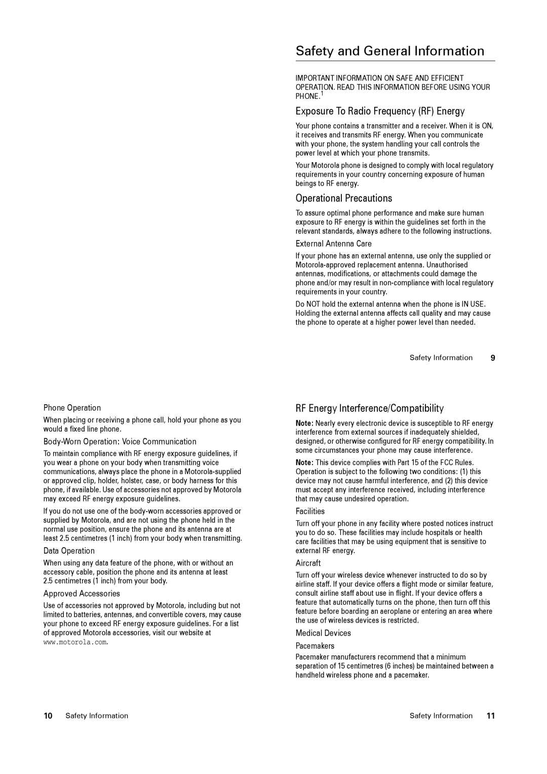 Motorola V3x Exposure To Radio Frequency RF Energy, Operational Precautions, RF Energy Interference/Compatibility 