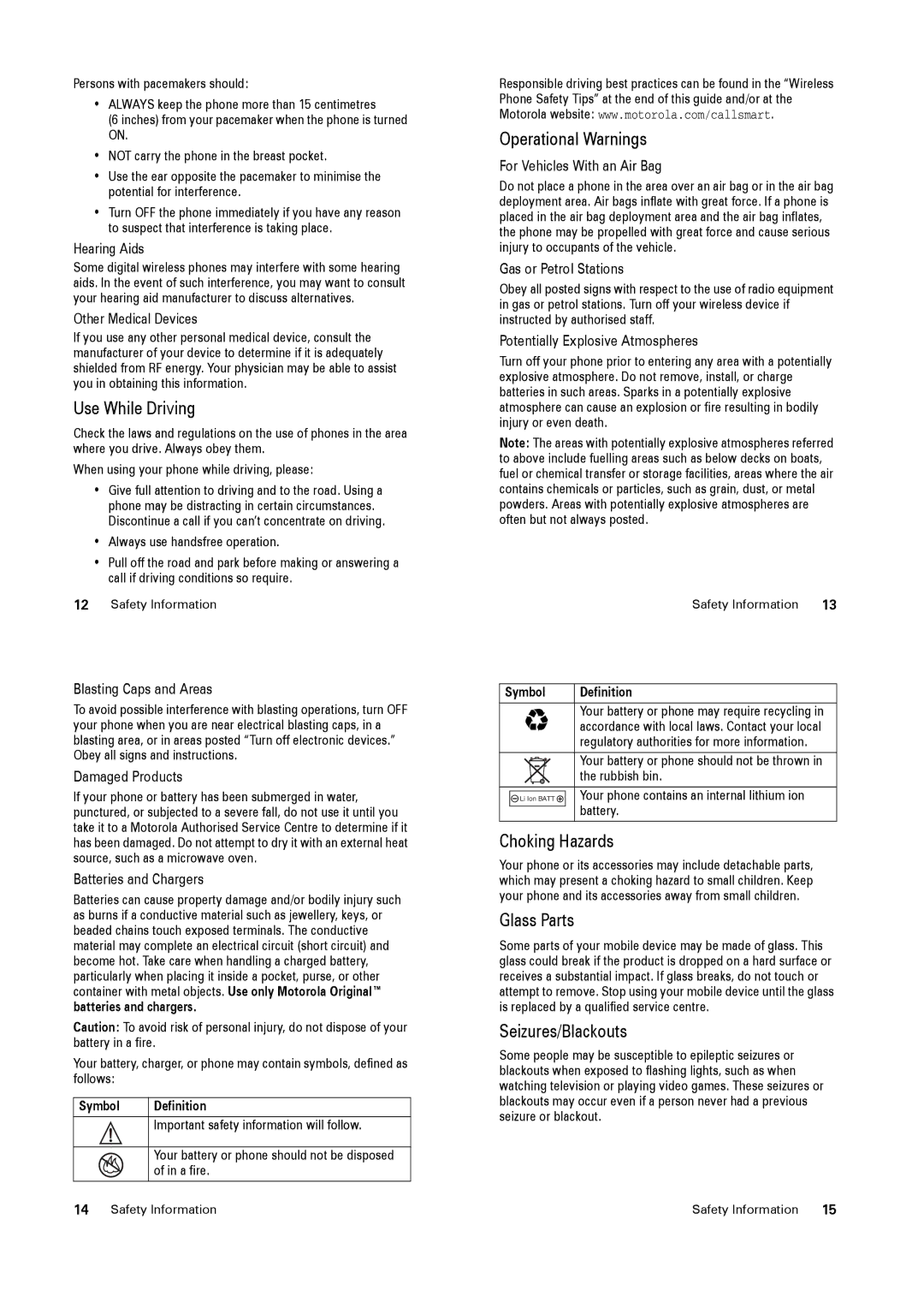 Motorola V3x specifications Use While Driving, Operational Warnings, Choking Hazards, Glass Parts, Seizures/Blackouts 