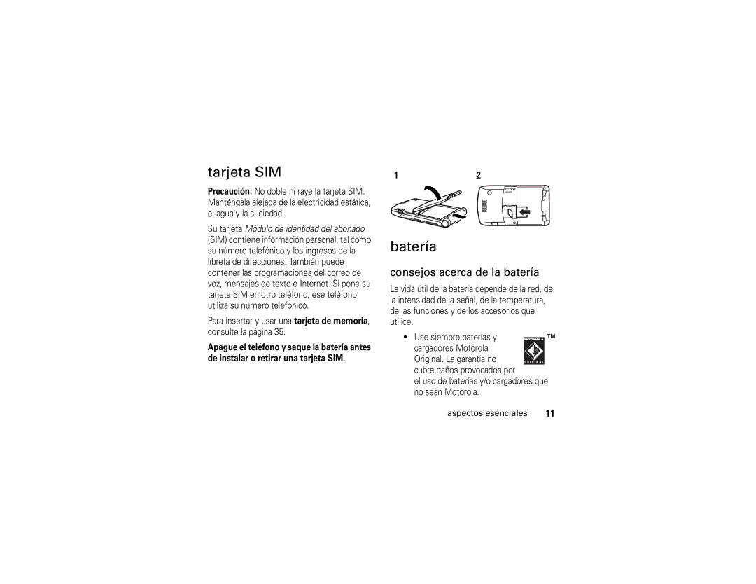 Motorola V3xx manual Tarjeta SIM, Batería, Consejos acerca de la batería 