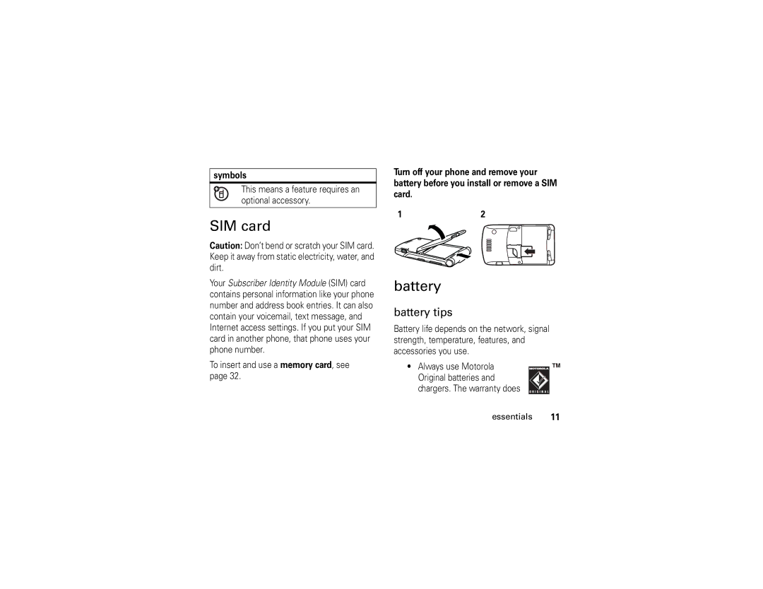 Motorola V3xx manual SIM card, Battery tips 