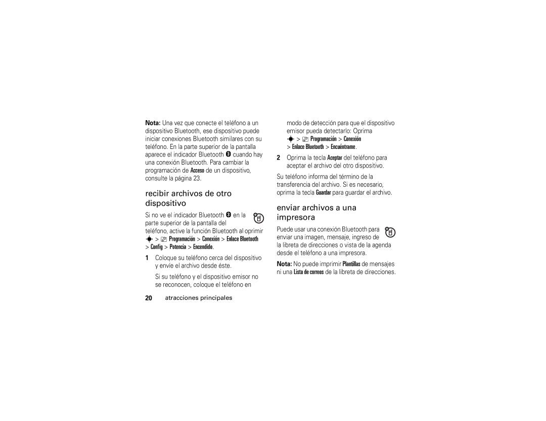 Motorola V3xx manual Recibir archivos de otro dispositivo, Enviar archivos a una impresora 