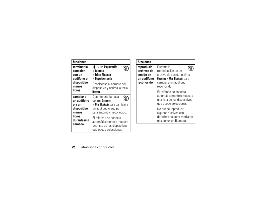 Motorola V3xx manual Conexión, Enlace Bluetooth, Descone, Oprima Opciones 