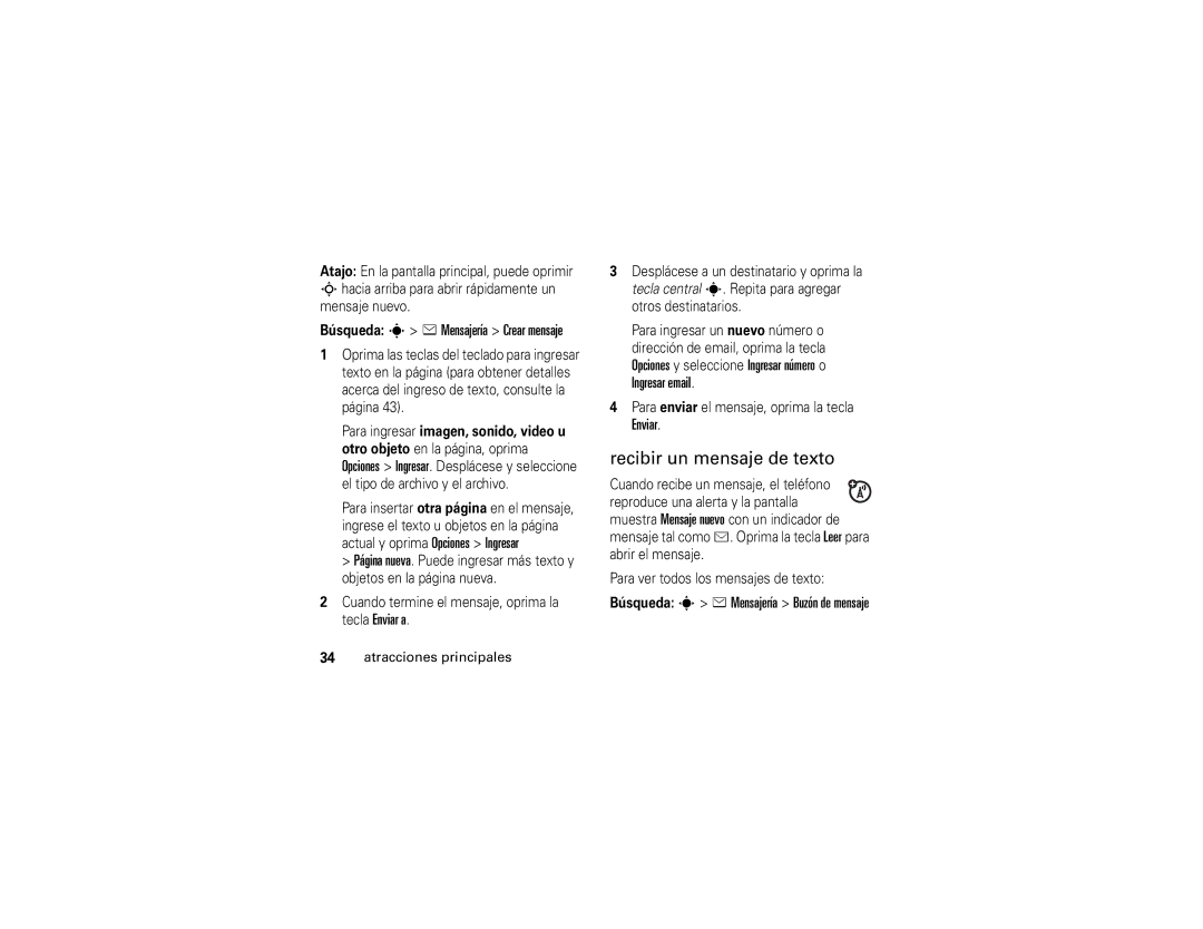 Motorola V3xx manual Recibir un mensaje de texto, Enviar, Búsqueda s e Mensajería Buzón de mensaje 