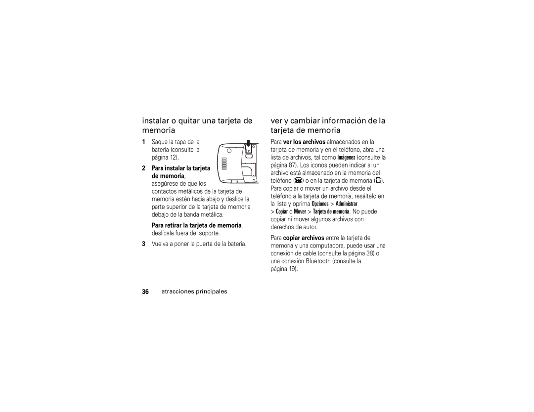 Motorola V3xx manual Instalar o quitar una tarjeta de memoria, Ver y cambiar información de la tarjeta de memoria 