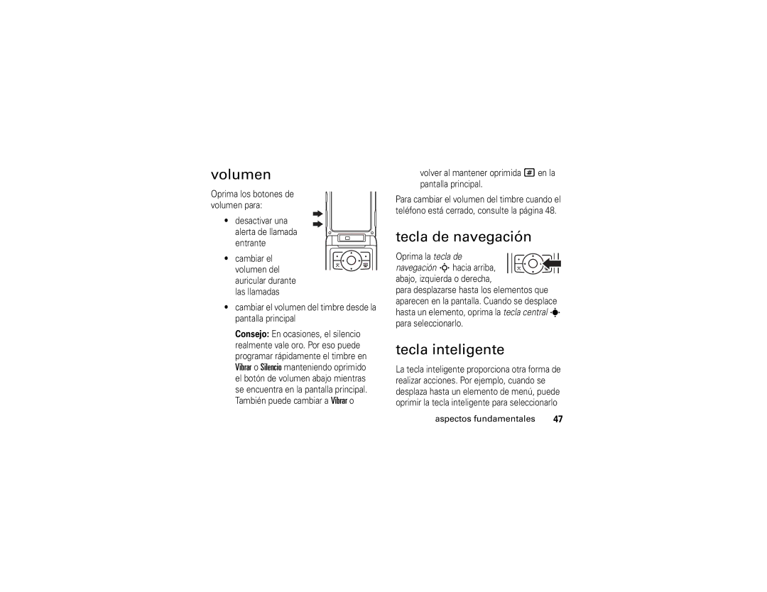 Motorola V3xx manual Volumen, Tecla de navegación, Tecla inteligente 