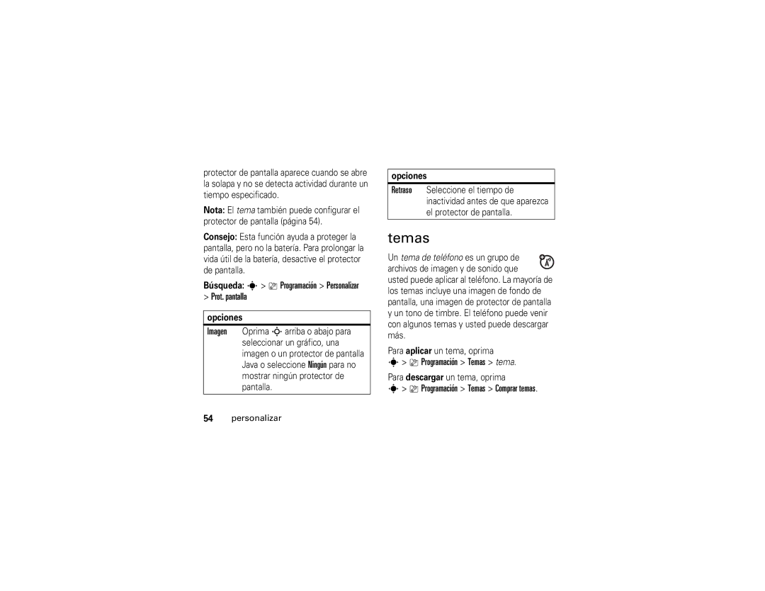 Motorola V3xx manual Prot. pantalla, Programación Temas tema, Programación Temas Comprar temas 