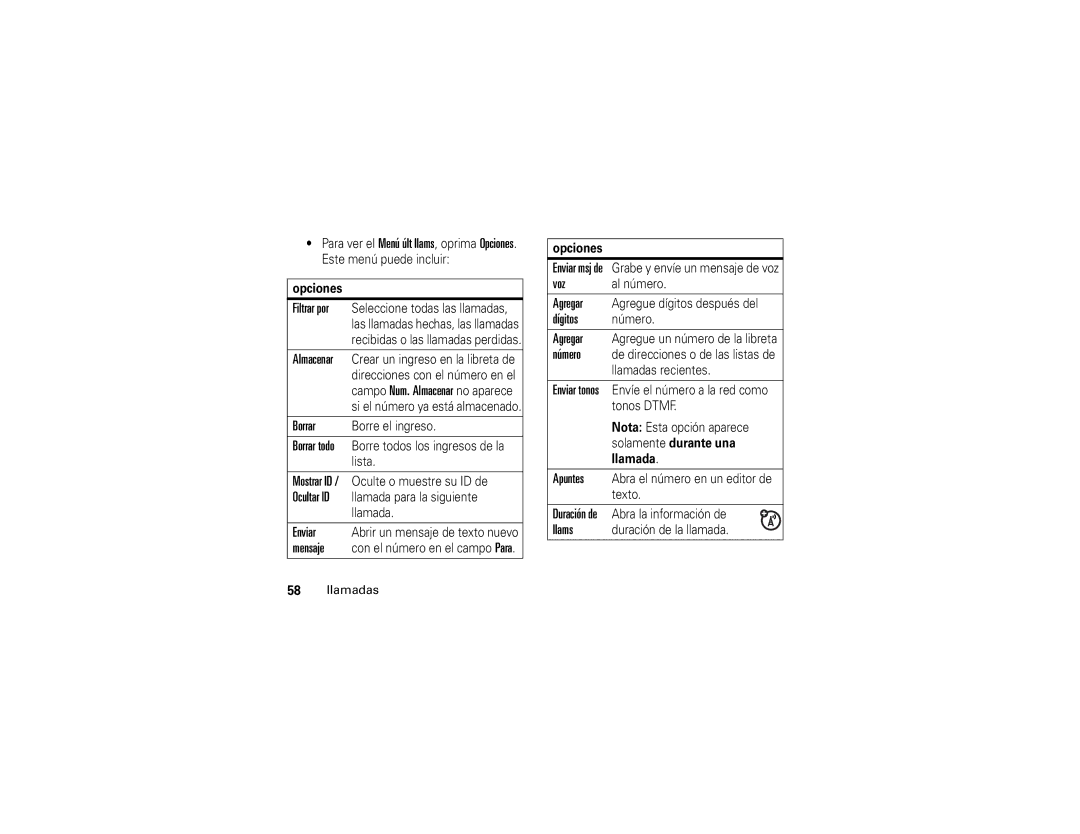 Motorola V3xx manual Filtrar por, Borrar, Ocultar ID, Mensaje, Voz, Dígitos número 