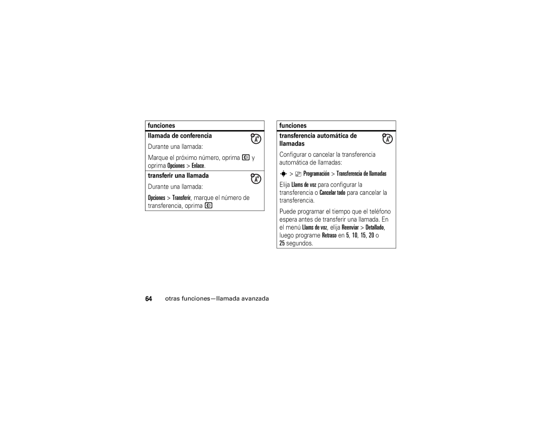 Motorola V3xx Funciones Llamada de conferencia, Transferir una llamada, Funciones Transferencia automática de llamadas 
