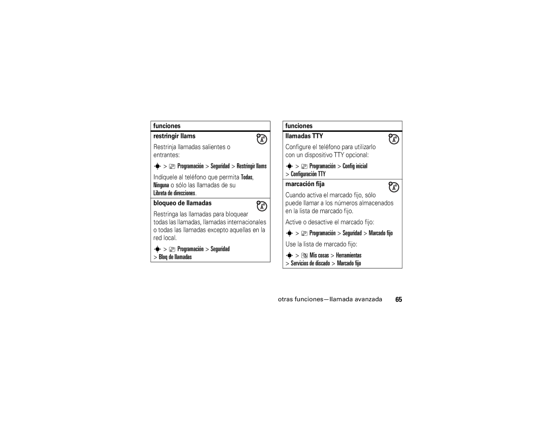 Motorola V3xx manual Programación Config inicial Configuración TTY, Funciones Restringir llams, Bloqueo de llamadas 
