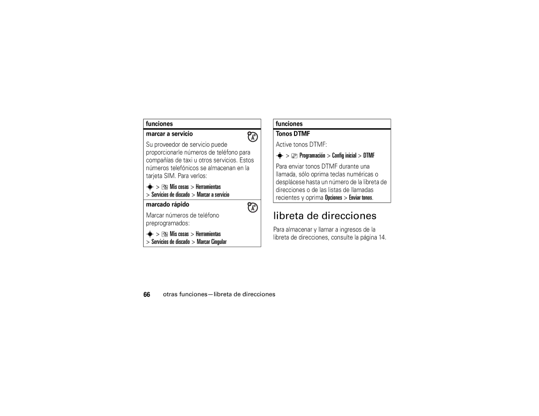 Motorola V3xx manual Libreta de direcciones, Programación Config inicial Dtmf, Otras funciones-libreta de direcciones 