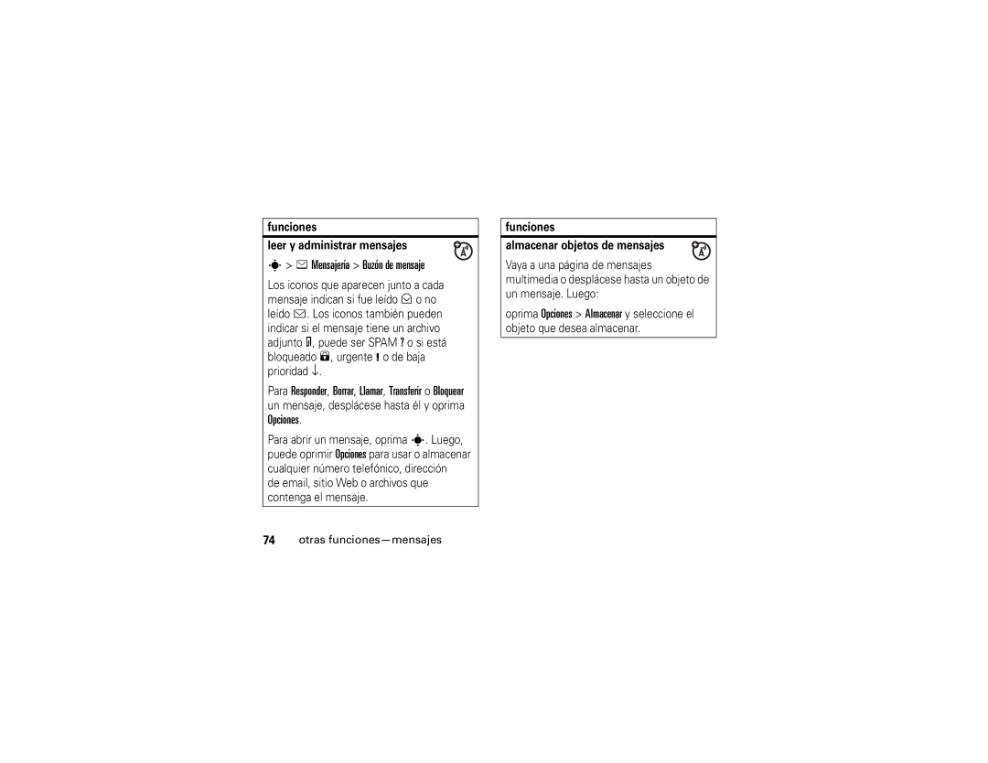 Motorola V3xx Mensajería Buzón de mensaje, Funciones Leer y administrar mensajes, Funciones Almacenar objetos de mensajes 