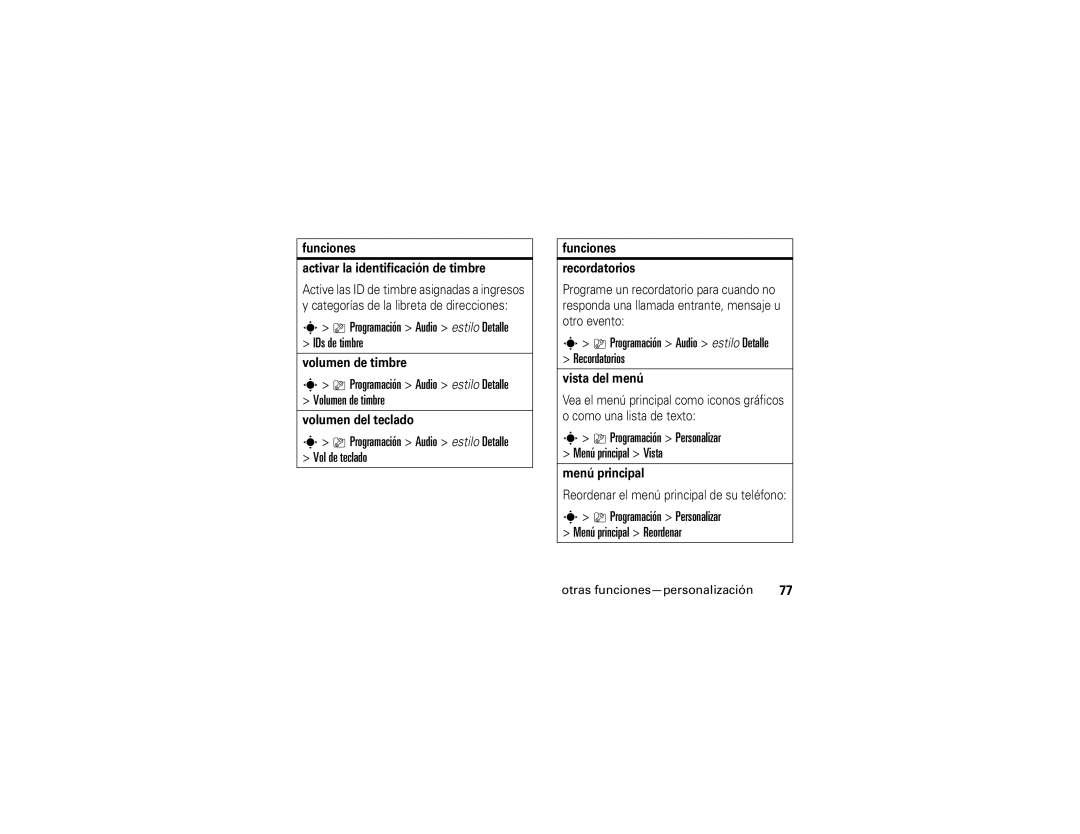 Motorola V3xx manual Programación Audio estilo Detalle IDs de timbre, Programación Audio estilo Detalle Volumen de timbre 