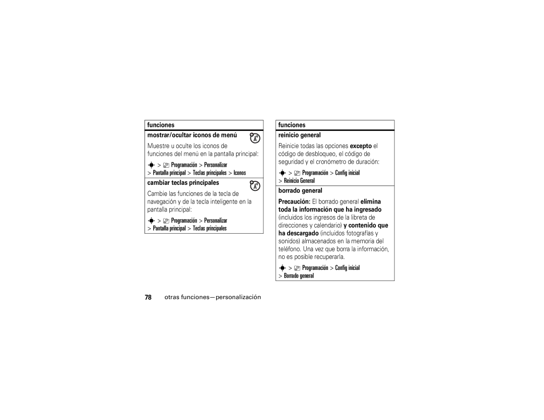 Motorola V3xx manual Programación Personalizar, Funciones Mostrar/ocultar iconos de menú, Cambiar teclas principales 