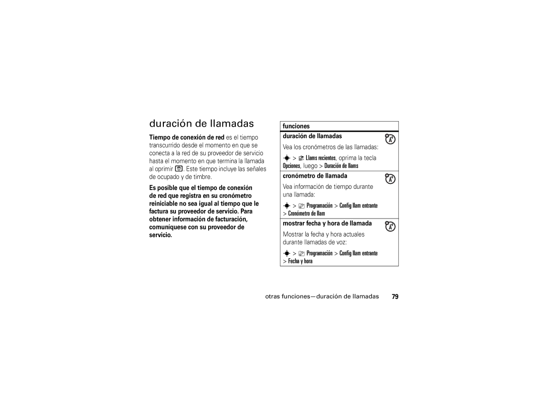 Motorola V3xx Duración de llamadas, Programación Config llam entrante Fecha y hora, Otras funciones-duración de llamadas 