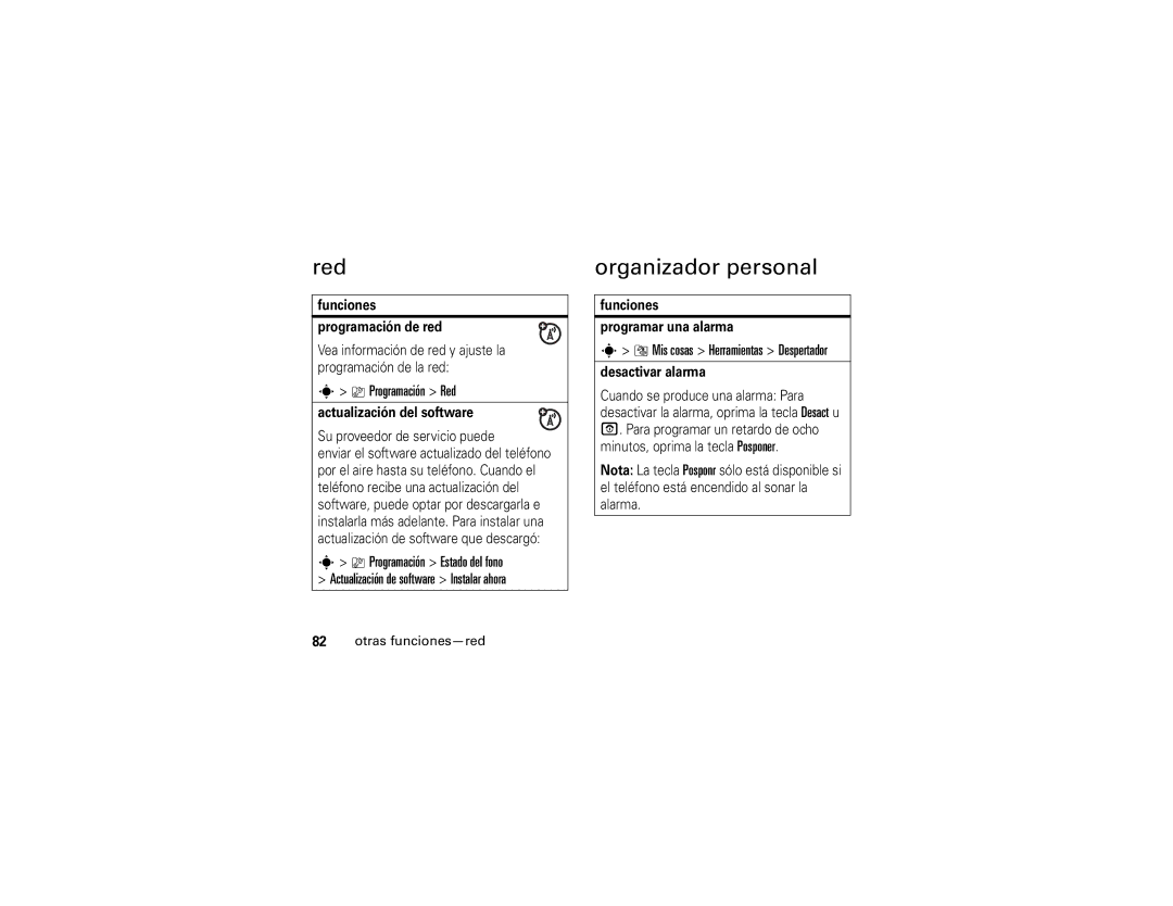 Motorola V3xx manual Organizador personal, Programación Red, Mis cosas Herramientas Despertador, Otras funciones-red 