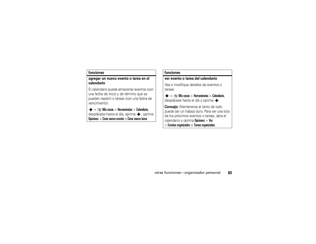 Motorola V3xx manual Eventos organizados o Tareas organizadas, Mis cosas Herramientas Calendario 