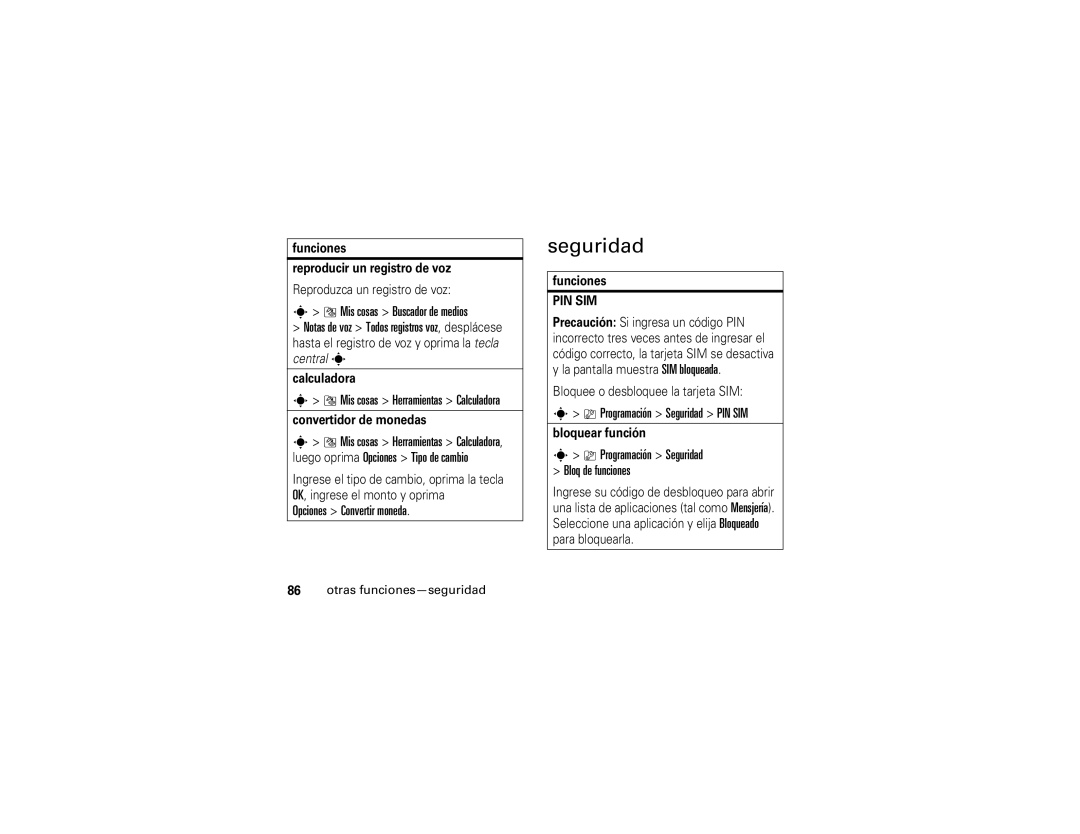 Motorola V3xx manual Mis cosas Buscador de medios, Opciones Convertir moneda, Programación Seguridad PIN SIM 