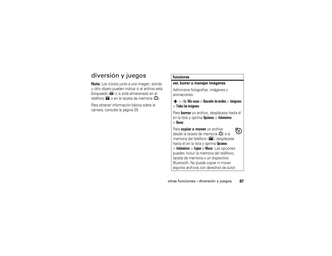Motorola V3xx manual Diversión y juegos, Administrar Copiar o Mover. Las opciones, Otras funciones-diversión y juegos 