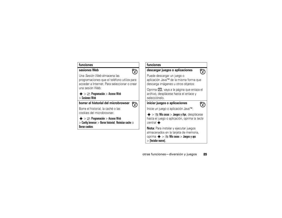 Motorola V3xx manual Mis cosas Juegos y Aps, desplácese, Instalar nuevo, Programación Acceso Web Sesiones Web 