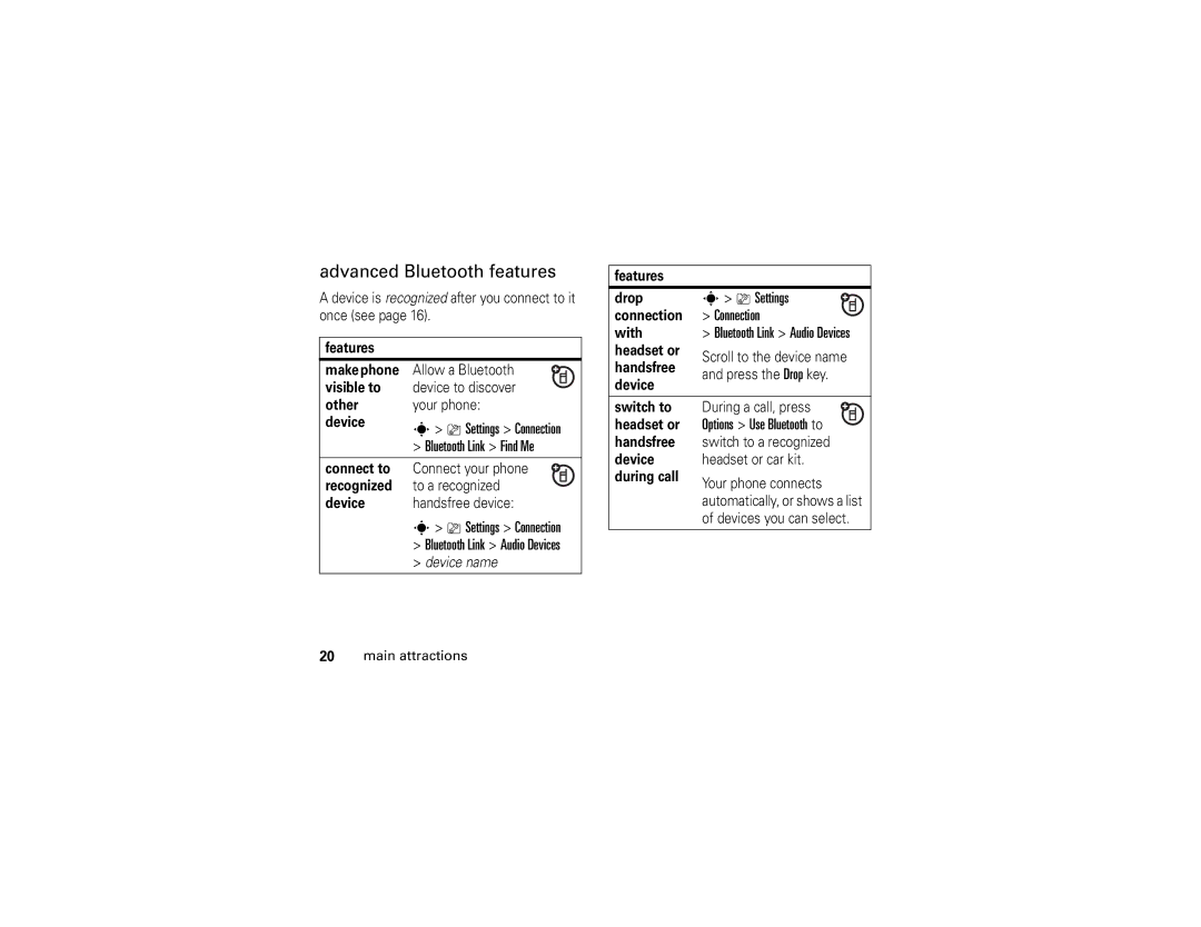 Motorola V3xx manual Advanced Bluetooth features, Settings, Connection 