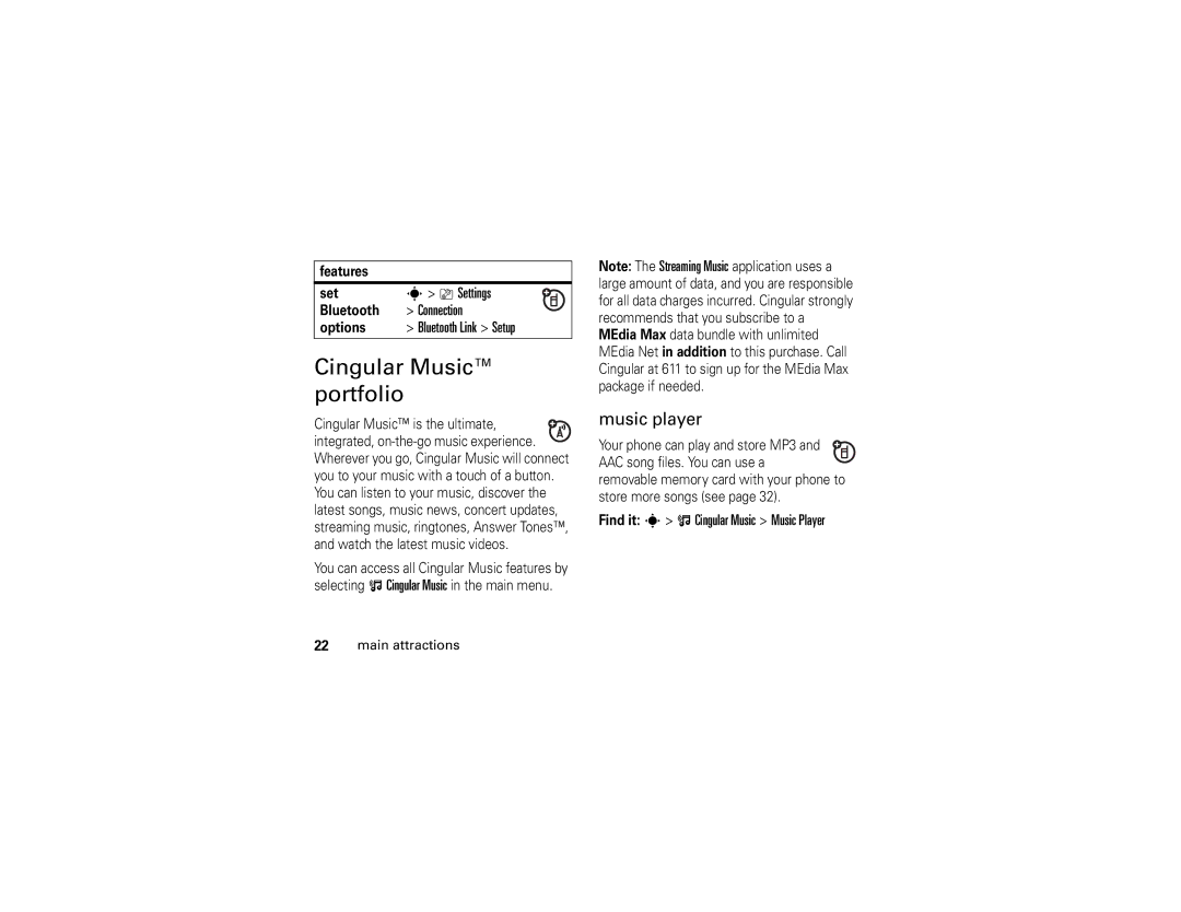 Motorola V3xx manual Cingular Music portfolio, Music player, Find it s + Cingular Music Music Player 
