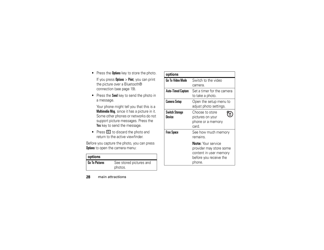 Motorola V3xx manual Camera Setup, Device, Free Space, Switch Storage 