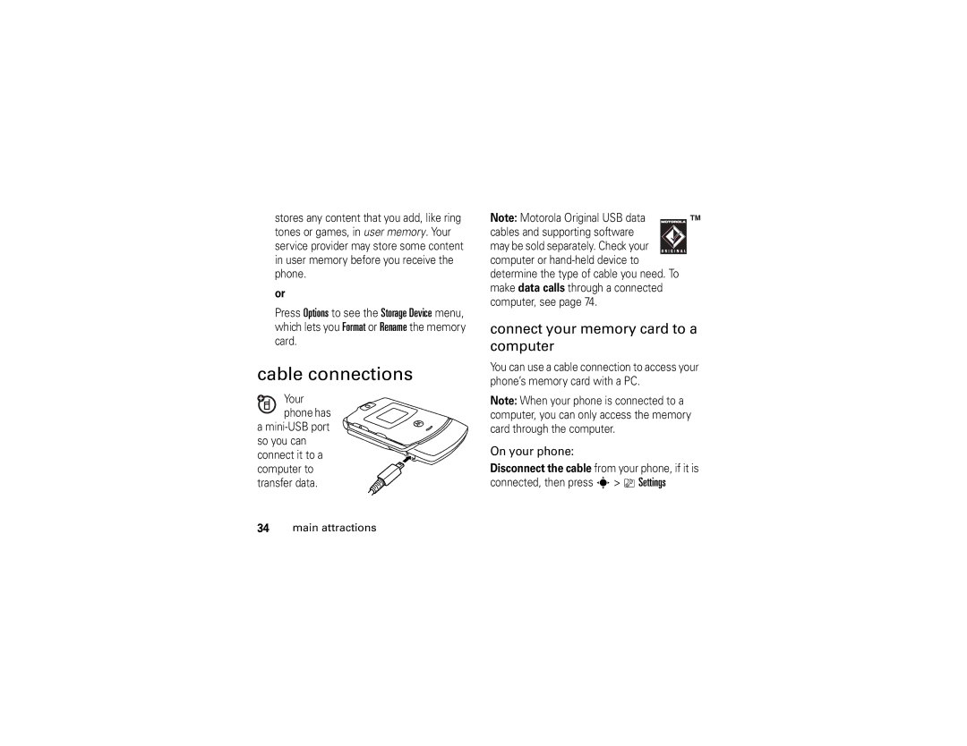 Motorola V3xx manual Cable connections, Connect your memory card to a computer, On your phone 