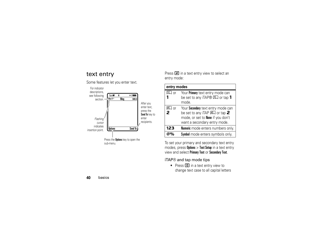 Motorola V3xx manual Text entry, ITAP and tap mode tips, Entry modes 