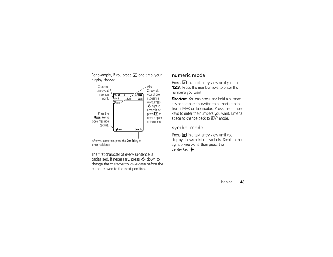 Motorola V3xx manual Numeric mode, Symbol mode 