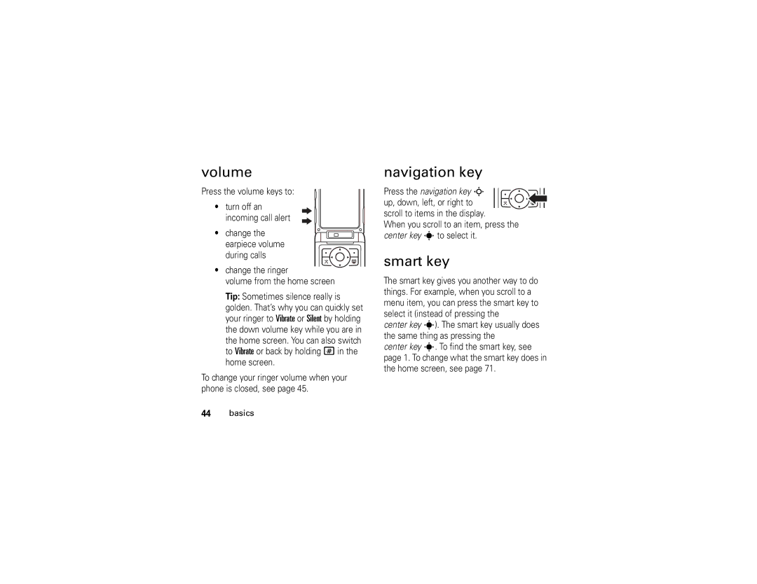 Motorola V3xx manual Volume, Navigation key, Smart key 