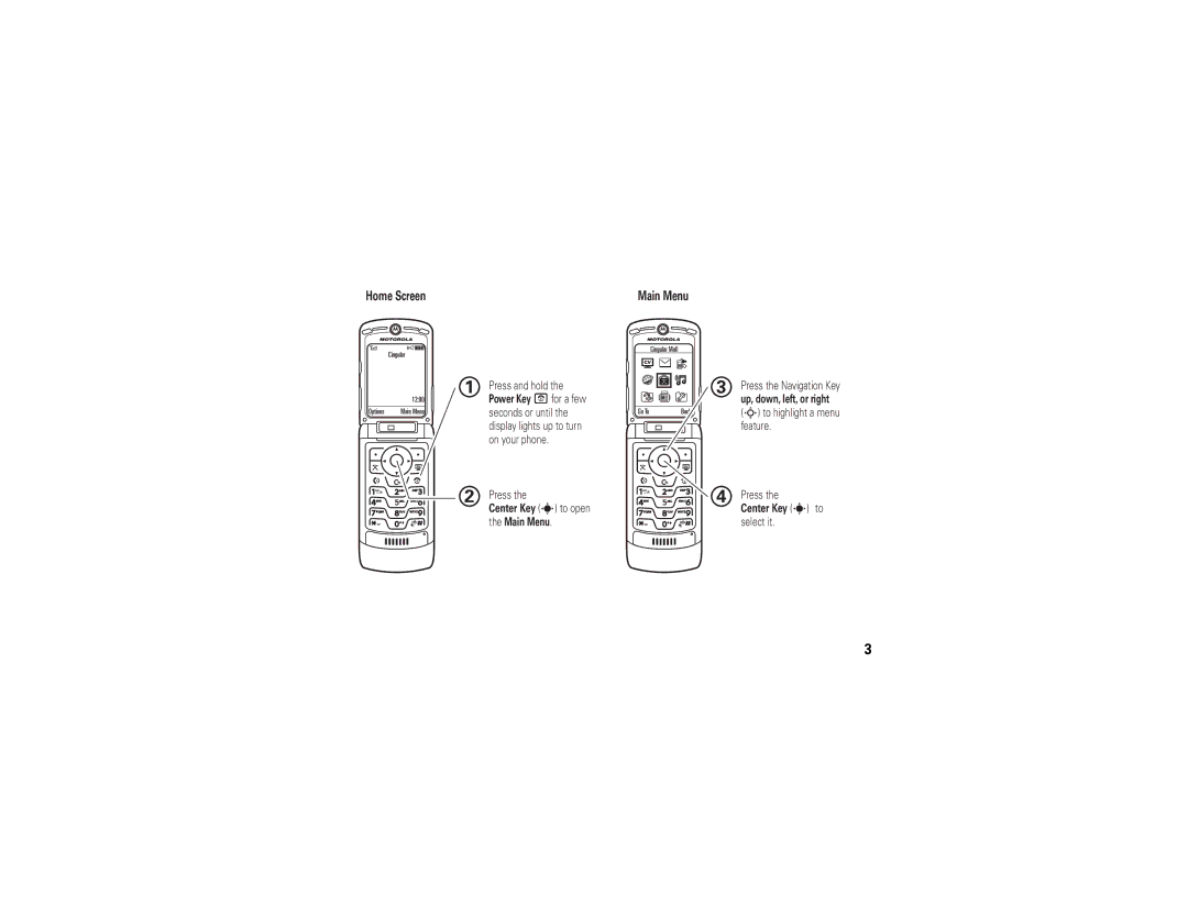 Motorola V3xx manual Center Key s to open 