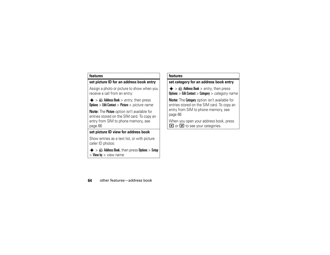 Motorola V3xx manual Features Set picture ID for an address book entry, Set picture ID view for address book 