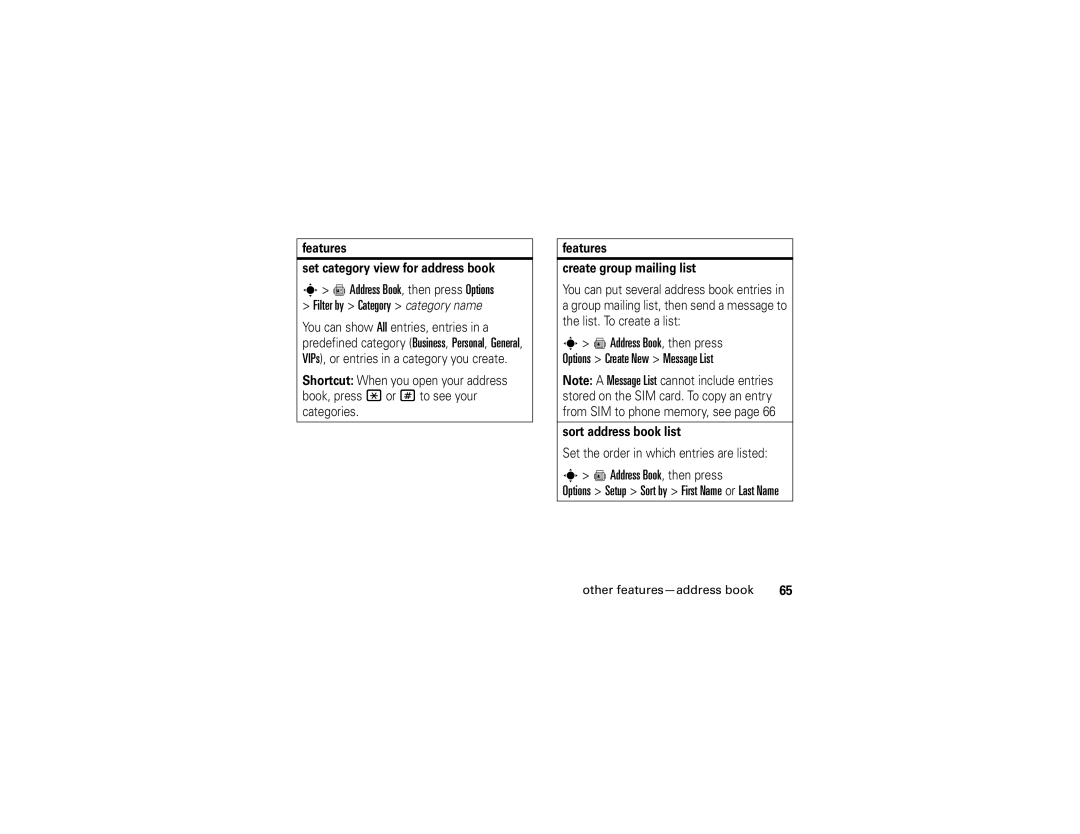 Motorola V3xx manual Options Create New Message List, Features Set category view for address book, Sort address book list 