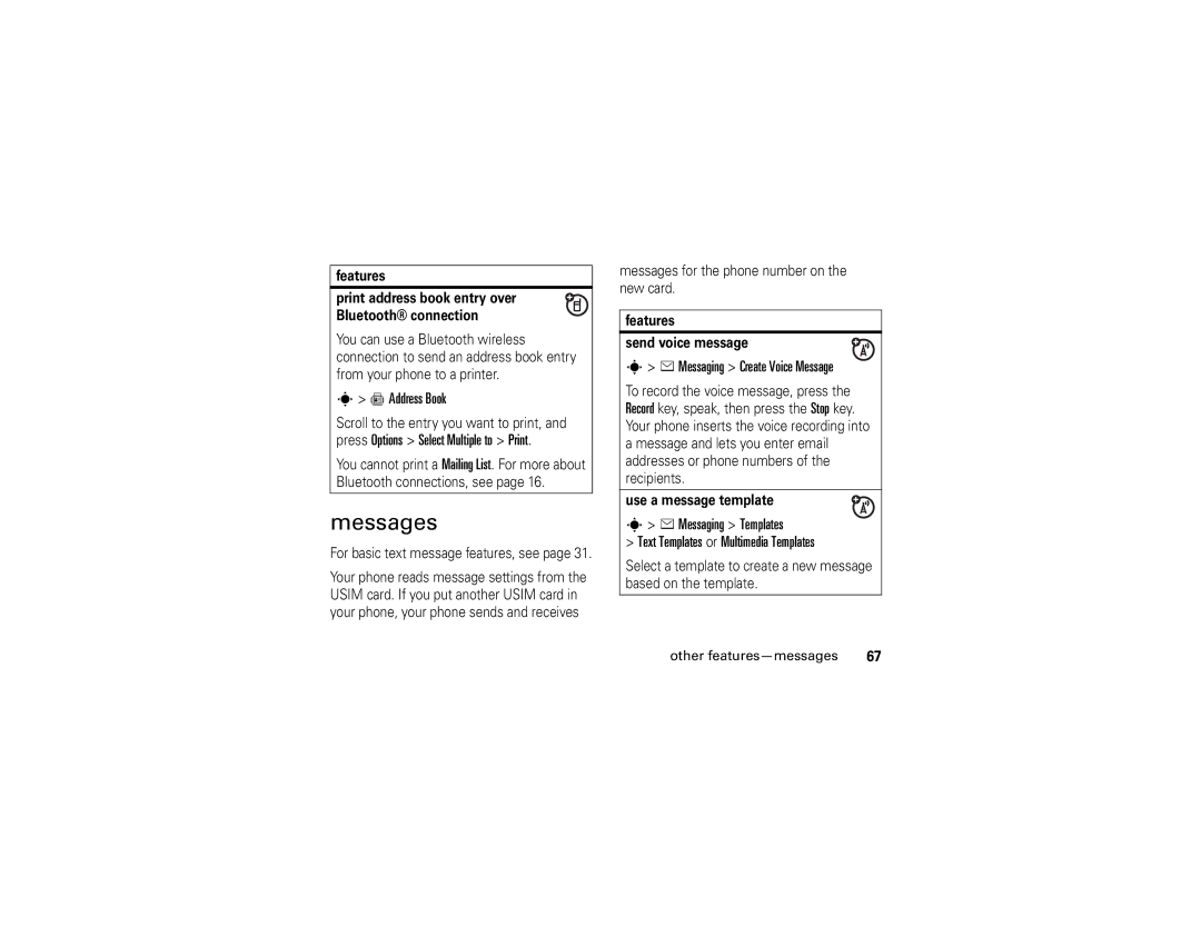 Motorola V3xx manual Messages, = Address Book, Messaging Create Voice Message, Other features-messages 