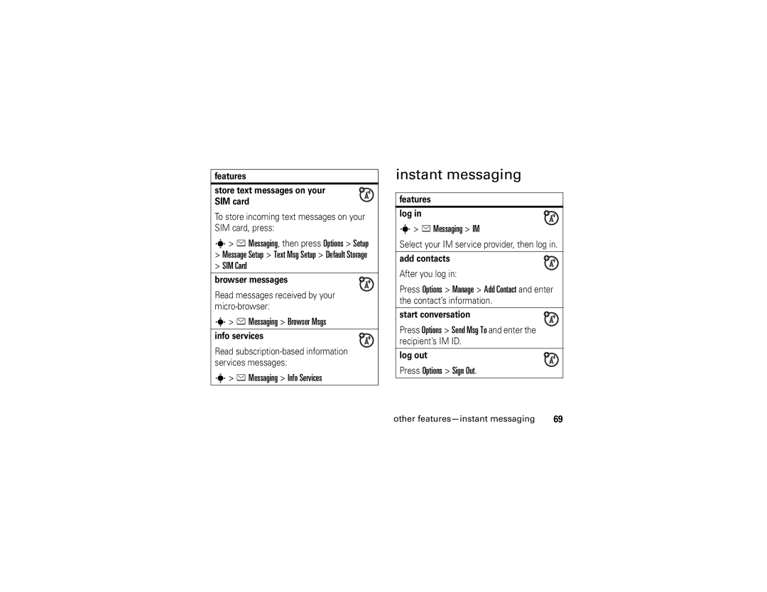Motorola V3xx Instant messaging, Messaging Browser Msgs, Messaging Info Services, Messaging IM, Press Options Sign Out 