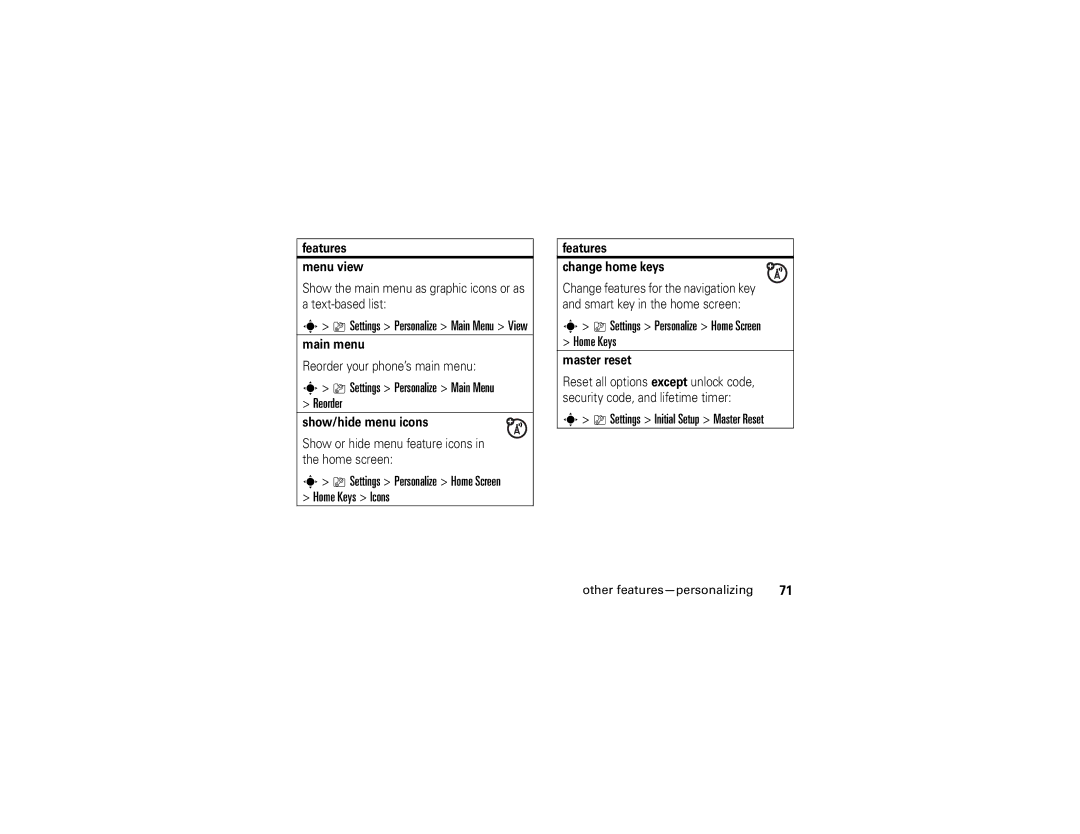 Motorola V3xx manual Settings Personalize Main Menu Reorder, Settings Personalize Home Screen Home Keys 