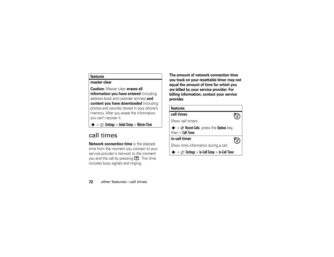 Motorola V3xx manual Call times, Recent Calls, press the Options key, then Call Times, Settings In-Call Setup In-Call Timer 