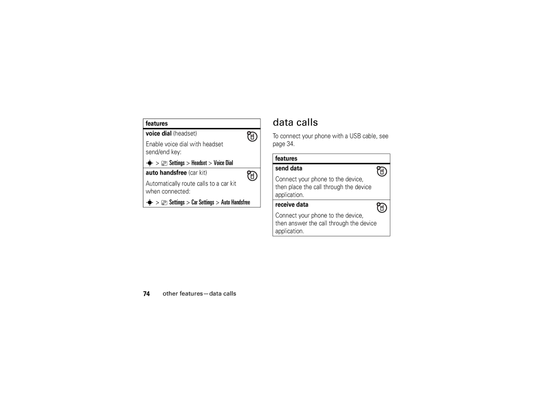 Motorola V3xx manual Data calls, Settings Headset Voice Dial, Other features-data calls 