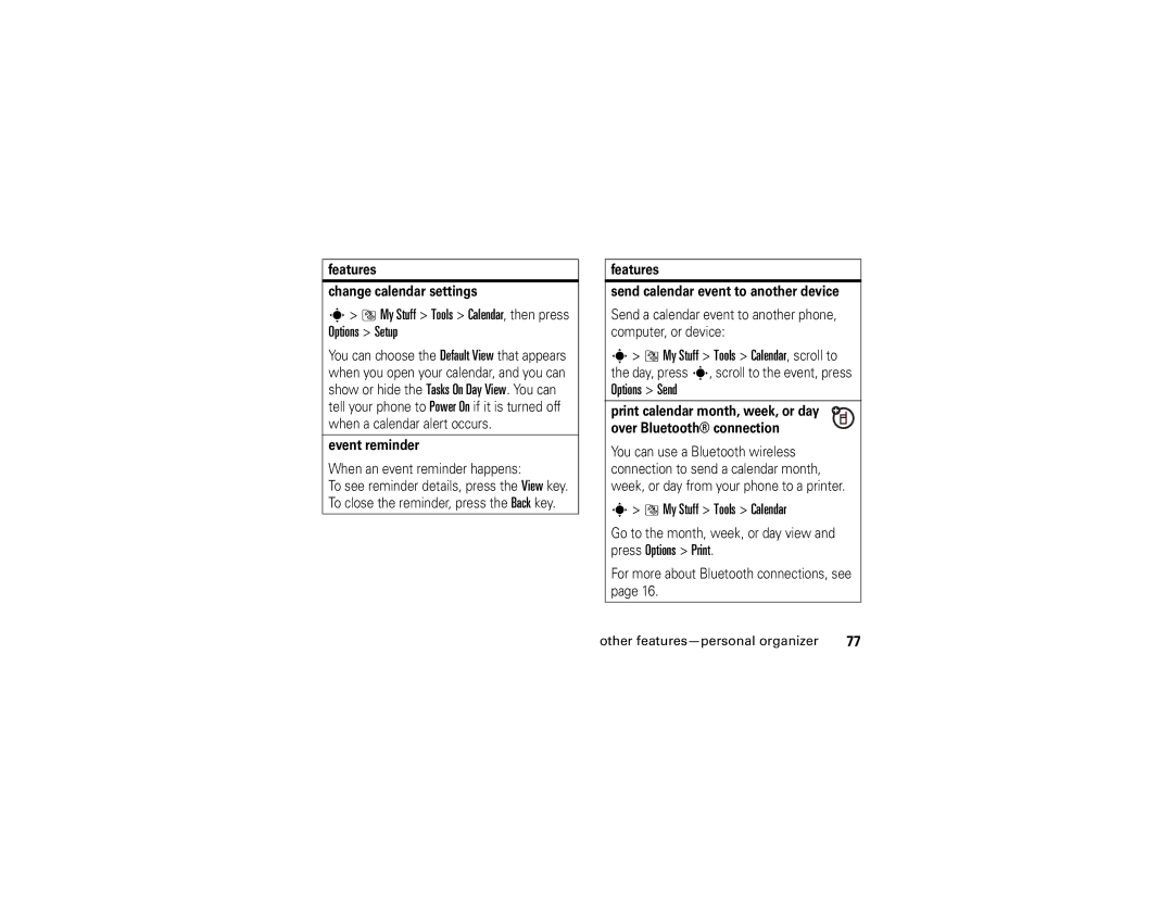 Motorola V3xx manual Options Send, My Stuff Tools Calendar, Features Change calendar settings, Event reminder 