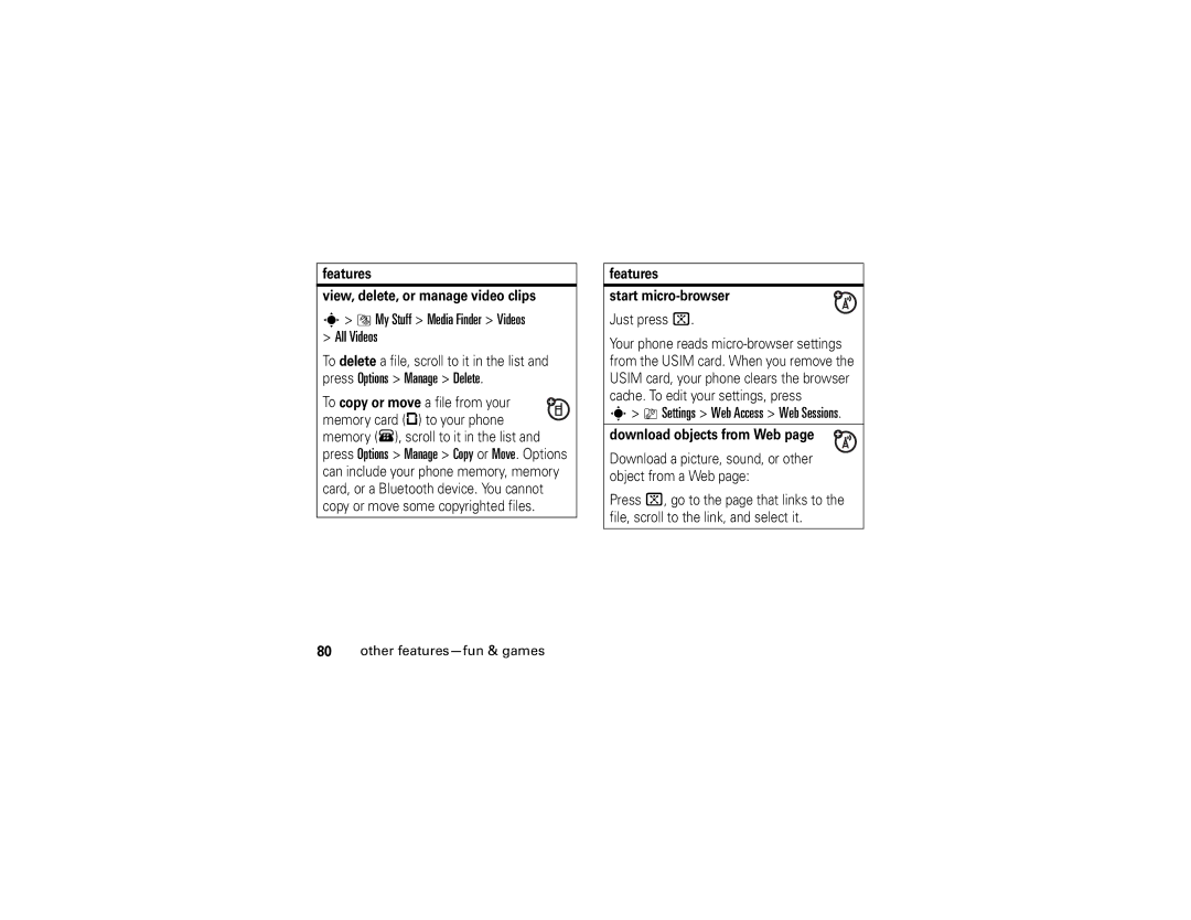 Motorola V3xx manual My Stuff Media Finder Videos All Videos, Settings Web Access Web Sessions, Download objects from Web 