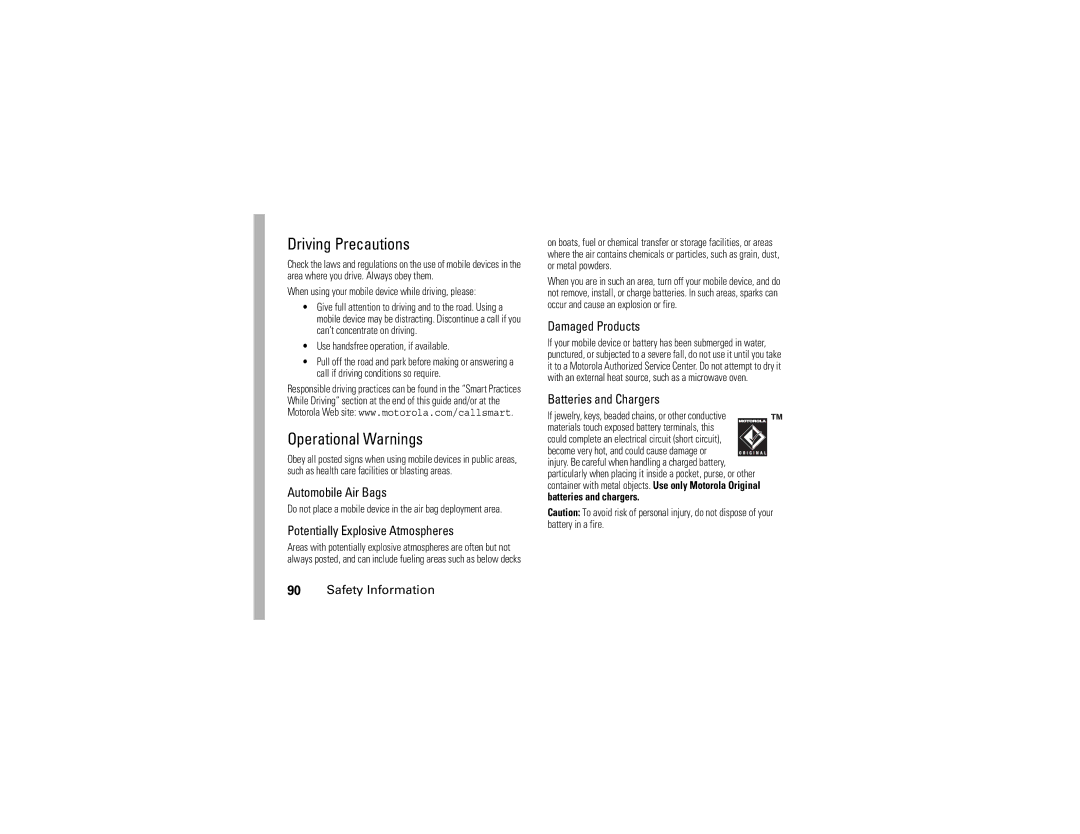 Motorola V3xx manual Driving Precautions, Operational Warnings 