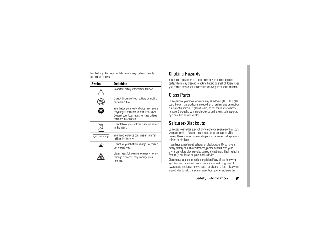 Motorola V3xx manual Choking Hazards, Glass Parts, Seizures/Blackouts, Symbol Definition 