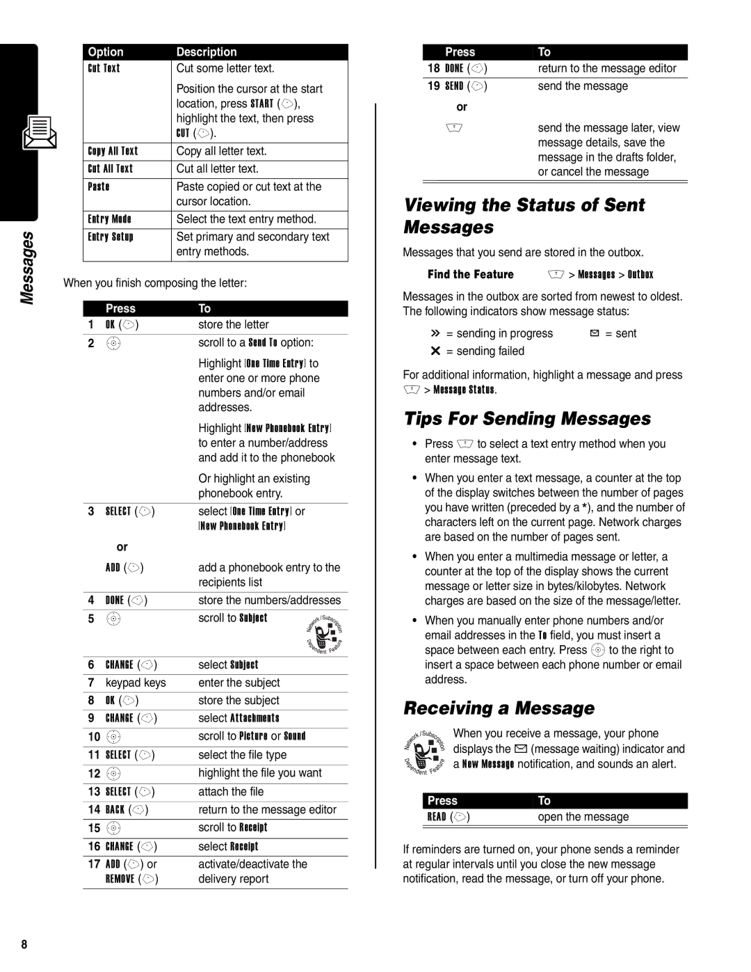 Motorola V400 GSM manual Viewing the Status of Sent Messages, Tips For Sending Messages, Receiving a Message 