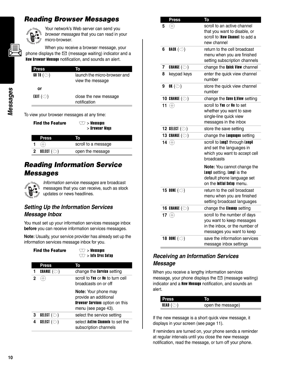 Motorola V400 GSM manual Reading Browser Messages, Reading Information Service Messages 