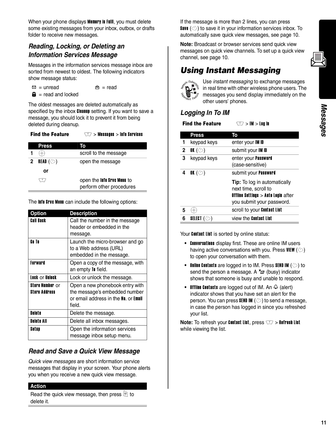 Motorola V400 GSM manual Using Instant Messaging, Read and Save a Quick View Message, Logging In To IM, Action 