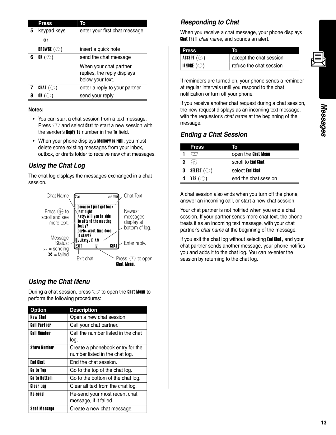 Motorola V400 GSM manual Using the Chat Log, Responding to Chat, Ending a Chat Session, Using the Chat Menu 