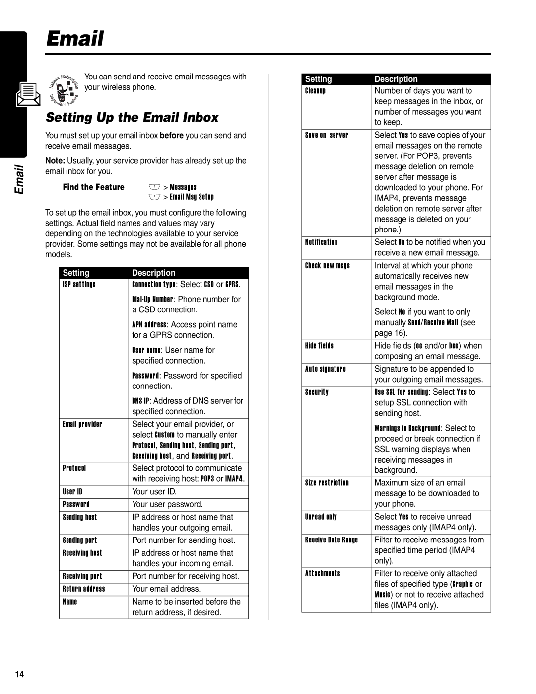 Motorola V400 GSM manual Setting Up the Email Inbox, Setting Description 