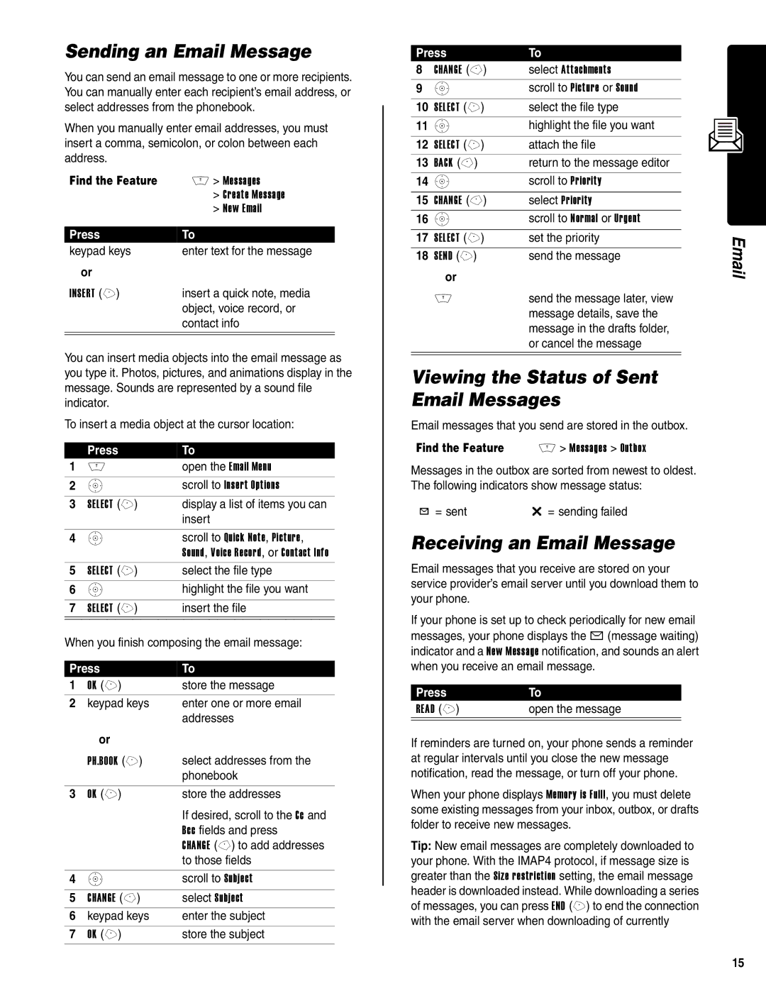 Motorola V400 GSM manual Sending an Email Message, Viewing the Status of Sent Email Messages, Receiving an Email Message 